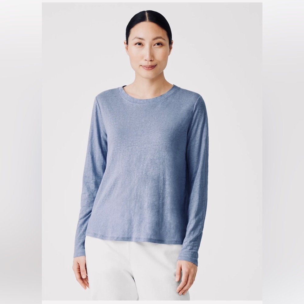 Eileen Fisher Organic Linen Jersey Crew Neck Top T Shirt Knit Sweater Minimalist